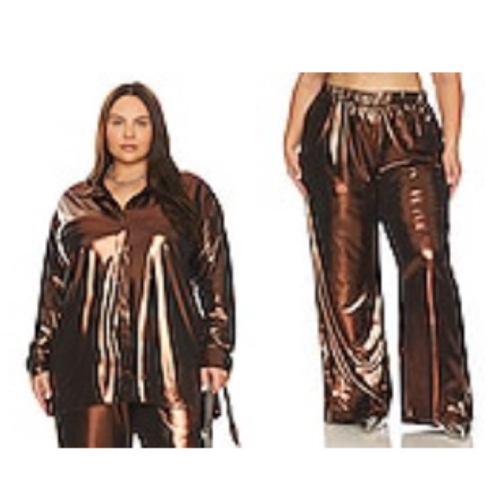 Elegant Shiny Brown Wide Leg Pants & Shirt Set